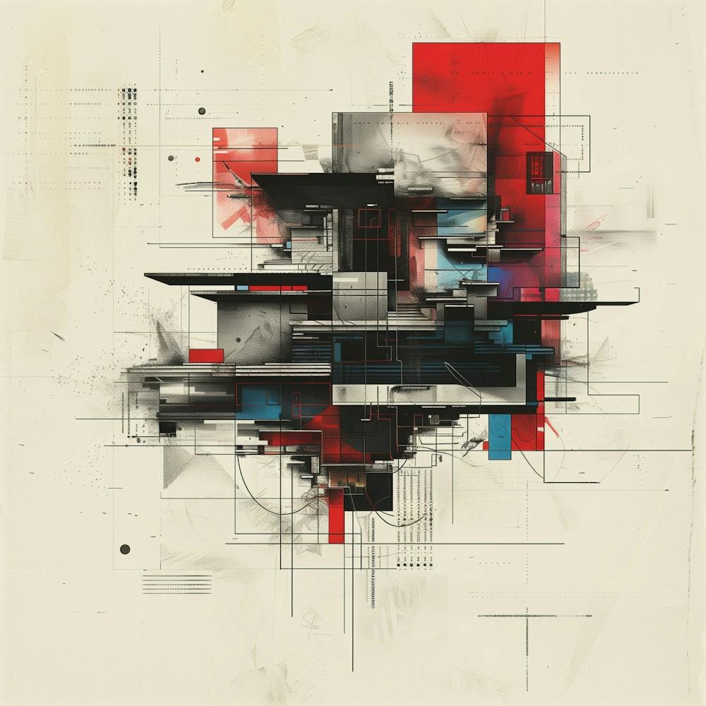 Create A Slightly Abstract Illustration With Technical Architectural Drawings Mixed With Technical Text, Primarily In Black, Raw Collage Artwork, Offwhite Background Color, Red And Blue Color Shade