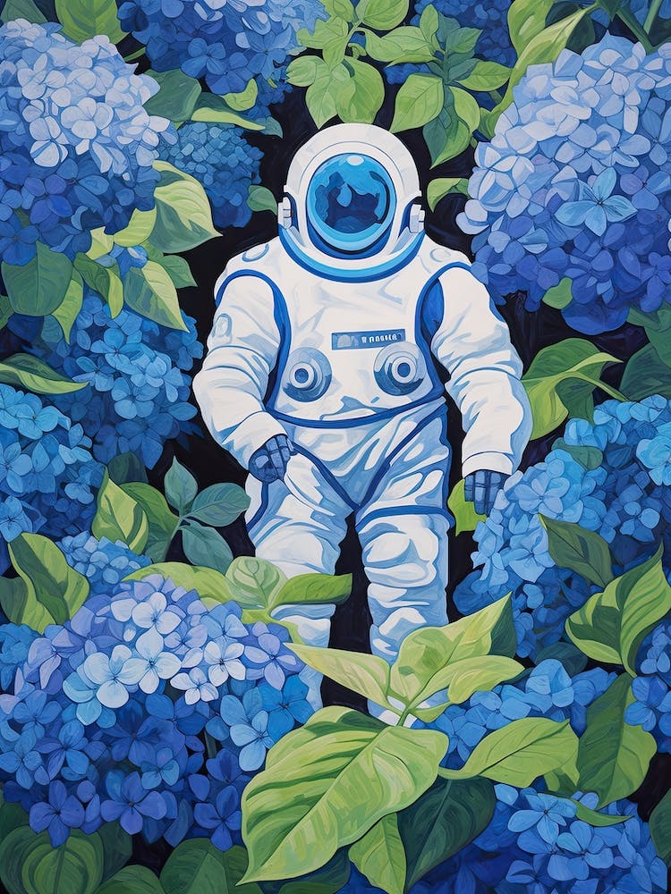 Astronaut Surrounded By Royal Blue Hydrangea Flower 1