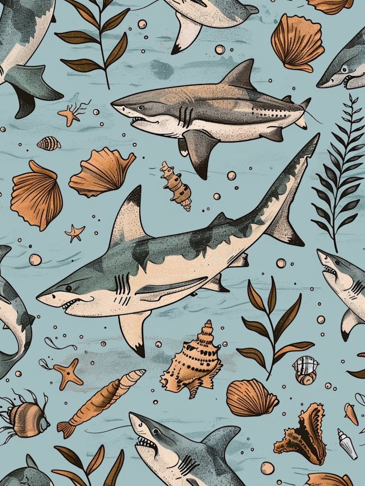 Pastel Blue Squatina Genus Shark Watercolour Seascape Pattern 1