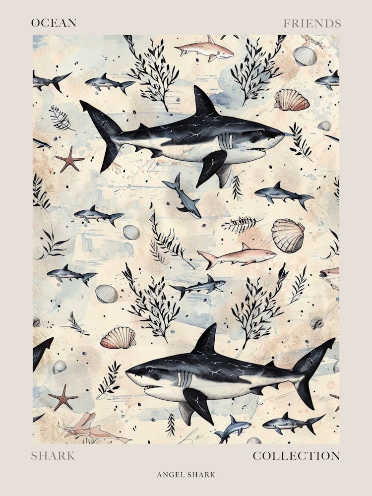 Pastel Beige Angel Shark Illustration Pattern Poster