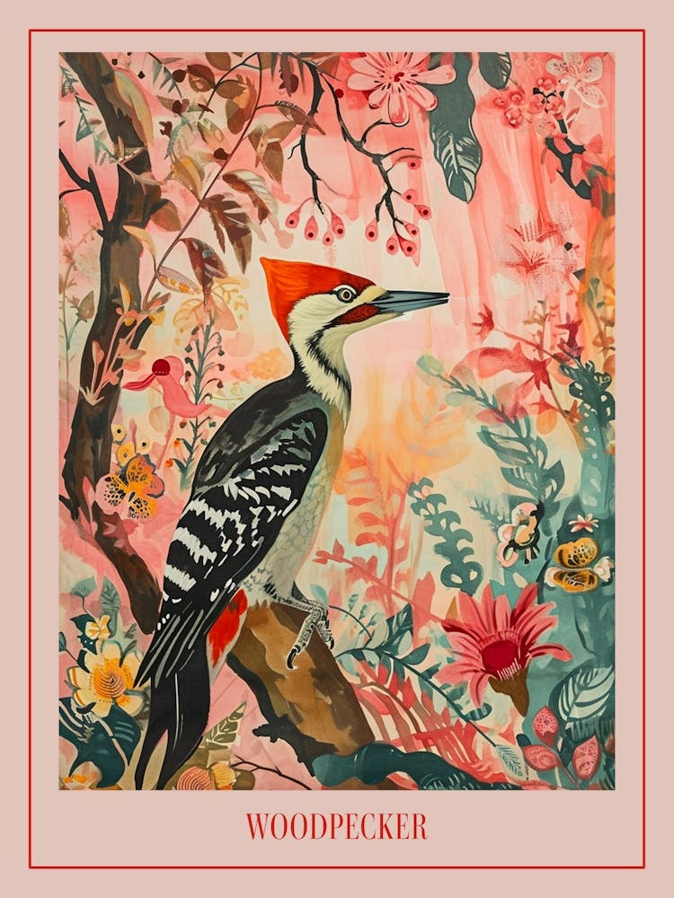 Floral Animal Painting Woodpecker 1 Poster