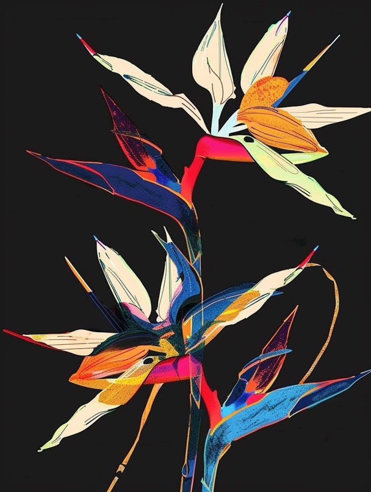 Neon Flowers On Black Bird Of Paradise 3