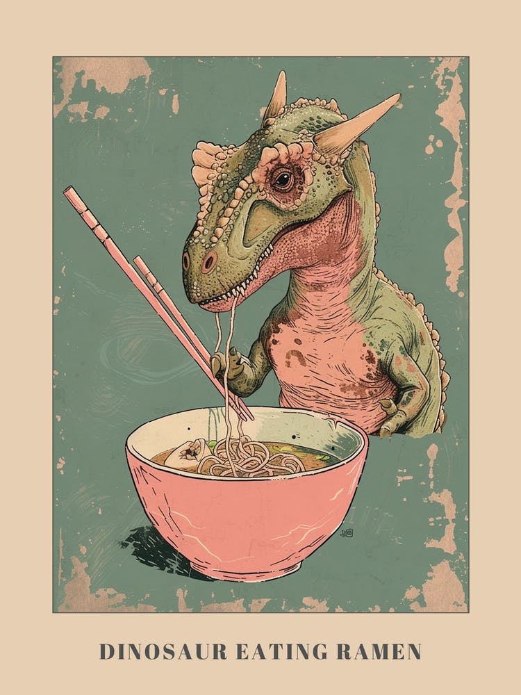 Pastel Pink Dinosaur Eating Ramen Poster