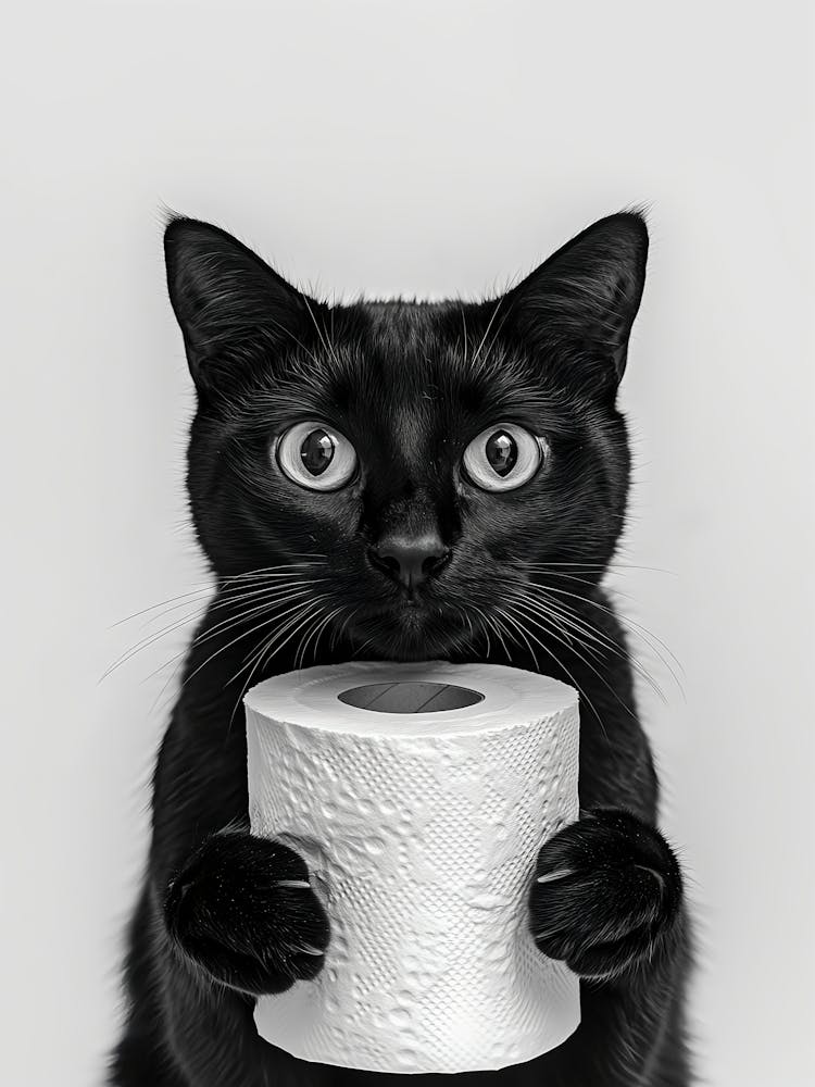 Black Cat Bathroom Print, Cat Holding Toilet Roll, Black And White Art, Funny Cat Poster, Bathroom Decor, Cat Owner Gift, Bathroom Wall Art