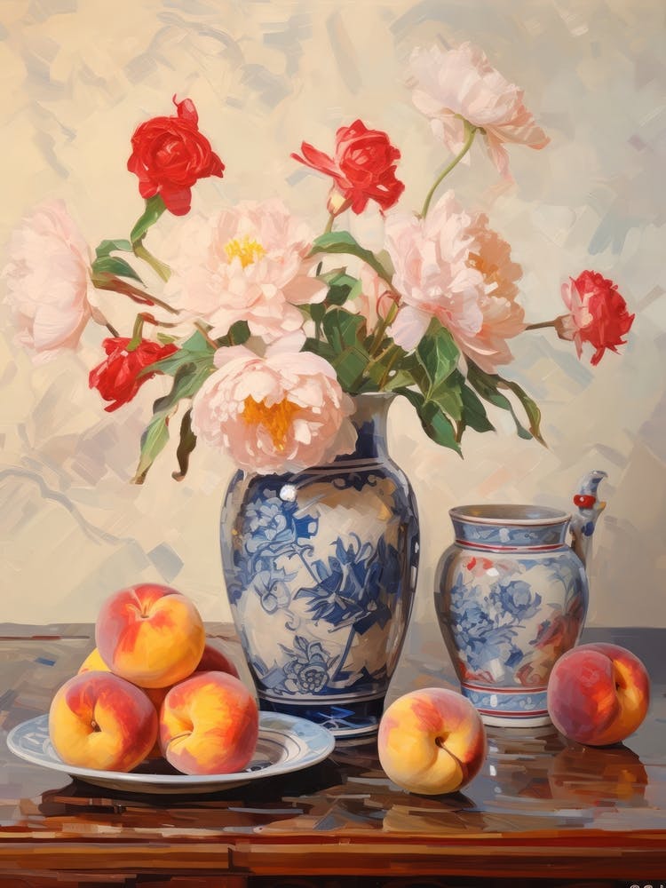 Peony Flower And Peaches Still Life Painting 4 Dreamy