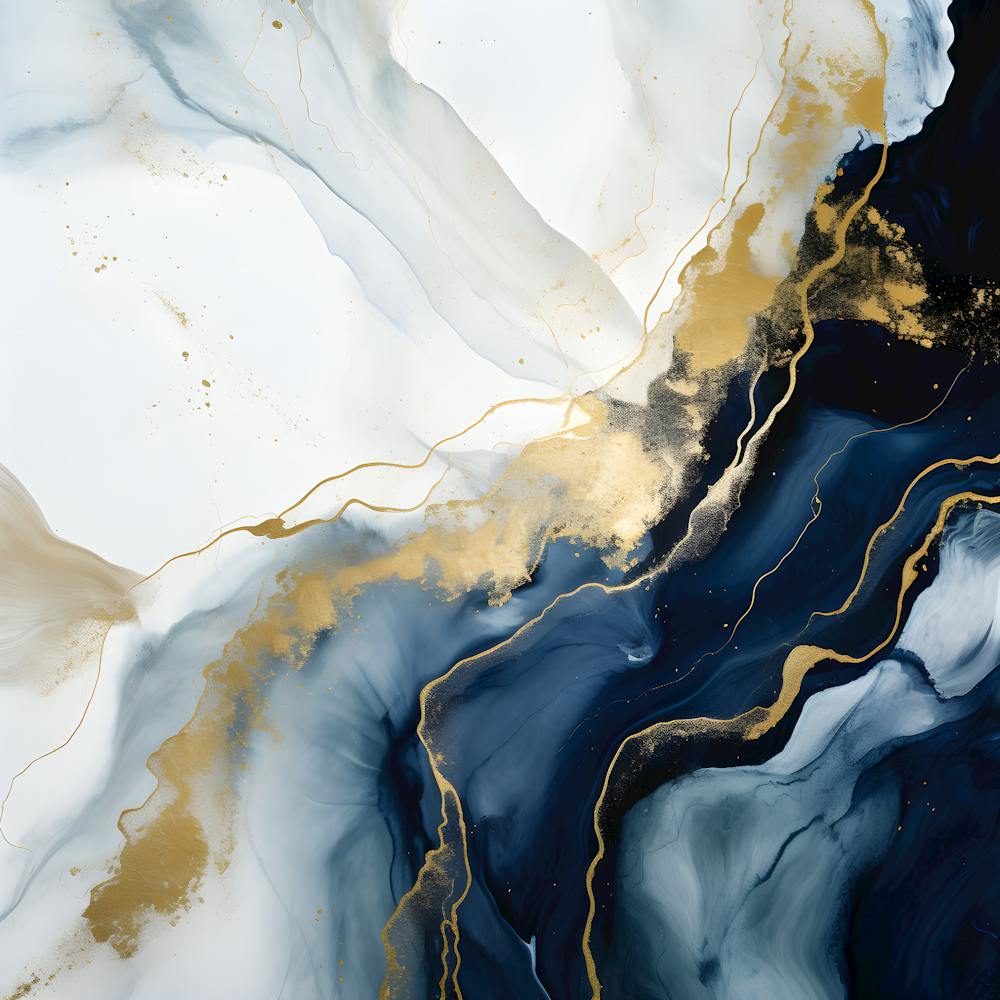 Luxury Abstract Fluid Art – Navy Blue, White, and Gold Marble Effect