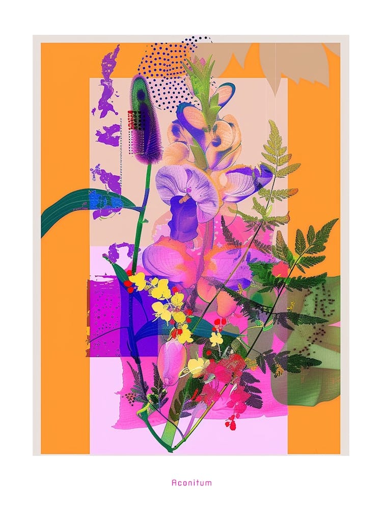 Aconitum 4 Neon Blumen-Collage-Poster