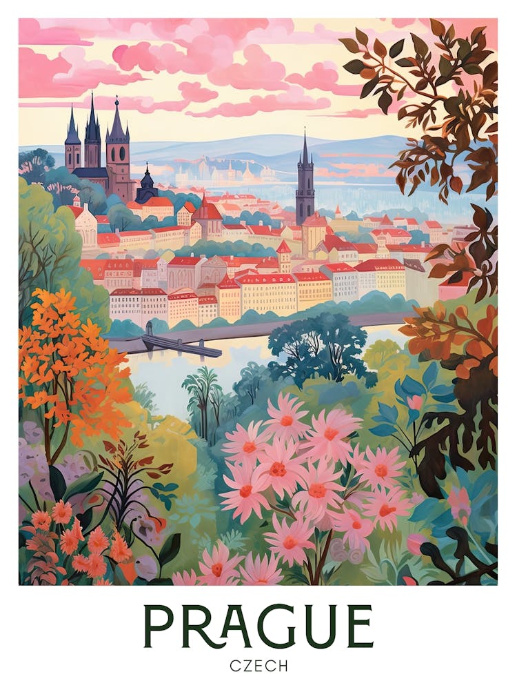 Prague, Czech Maximalist Travel Poster Vibrant Colour
