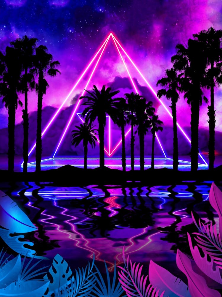 Neon palms landscape: Pyramid [synthwave/vaporwave/cyberpunk] — aesthetic retrowave neon poster