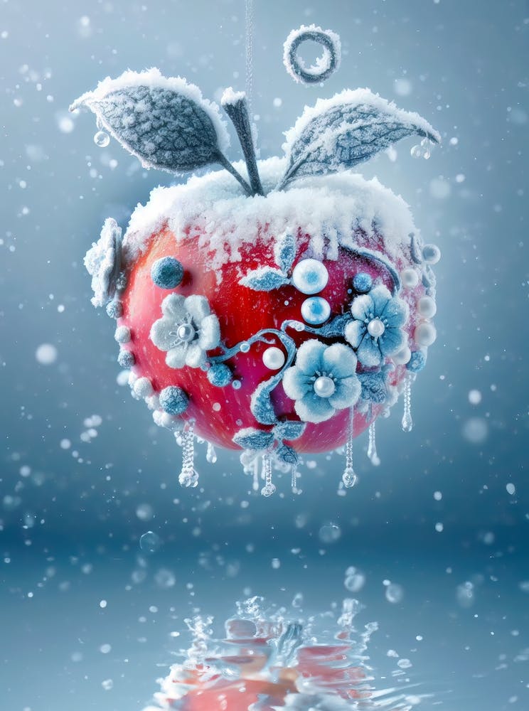 Snow covered Red apple decorated with crystal elegance winter style, posh luxurious