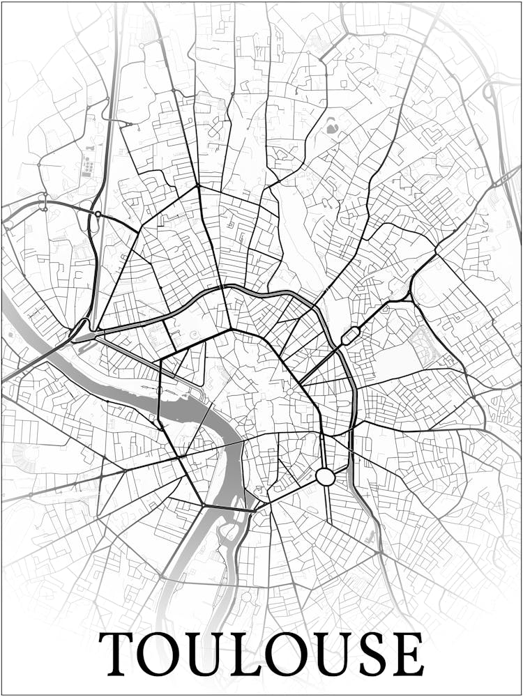 Toulouse, Haute Garonne, France, City Map, Black And White Fade Design