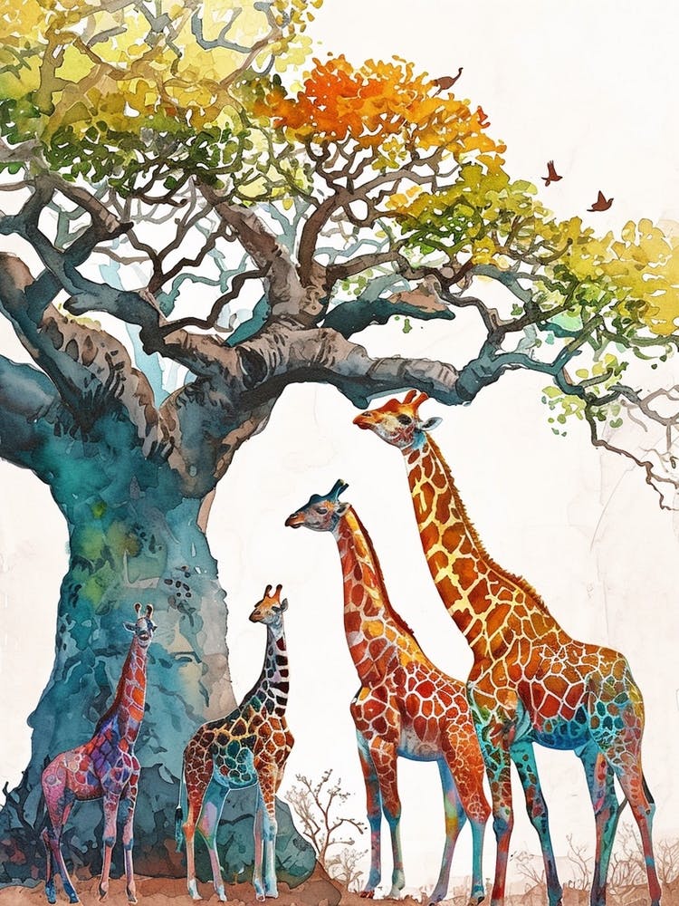 Giraffe Herd Under The Tree Watercolour 2