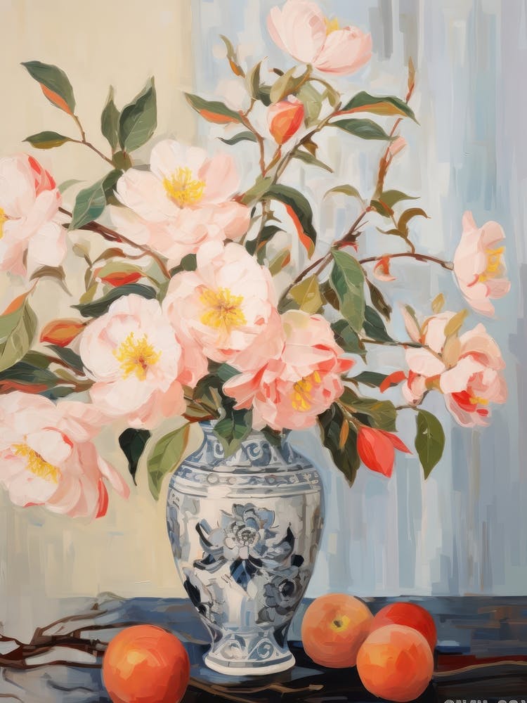 Camellia Flower And Peaches Still Life Painting 1 Dreamy