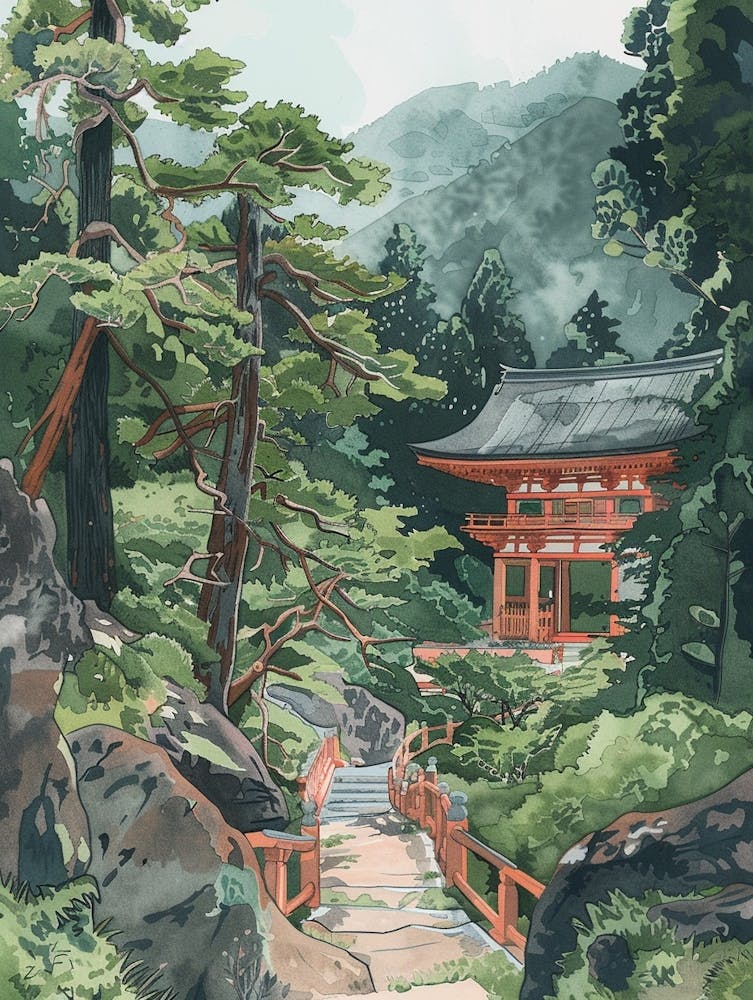 Koyasan Japan 3 Retro Illustration