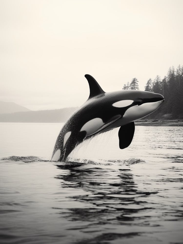 Realistic Black & White Photography Of Orca Whale Diving Out Of Ocean 3