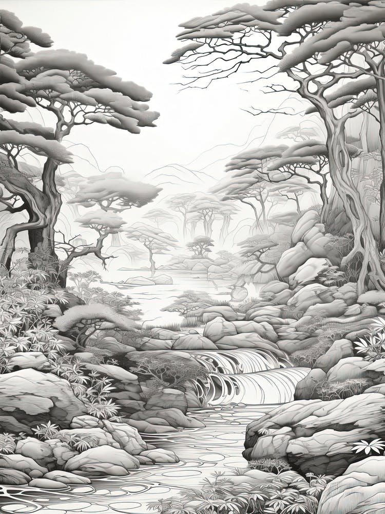 Yakushima Island In Kagoshima, Ukiyo E Black And White Line Art Drawing 2