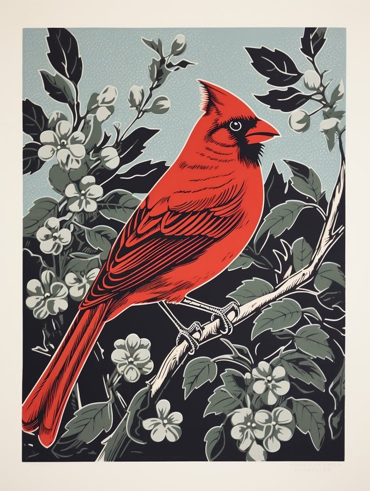 Vintage Bird Linocut Cardinal 5