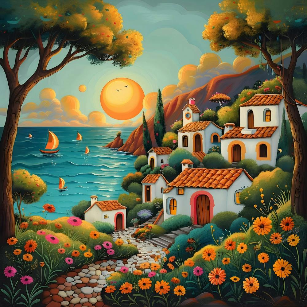 Coastal Mediterranean Village, Naive, Whimsical, Folk