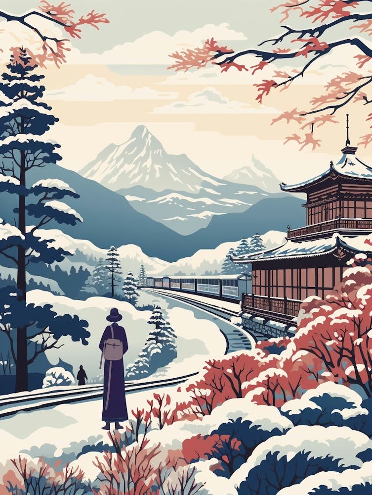 Vintage Winter Travel Illustration Hakone Japan 2