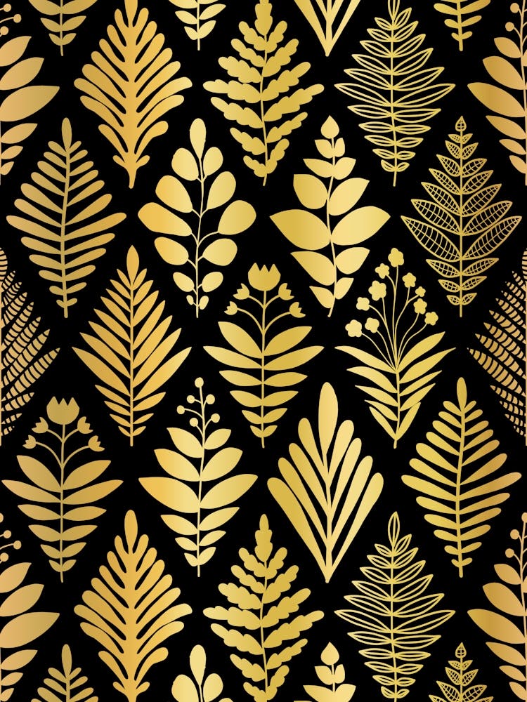 Rhombus Tropical Hawaiian Florals Damask Faux Gold and Black