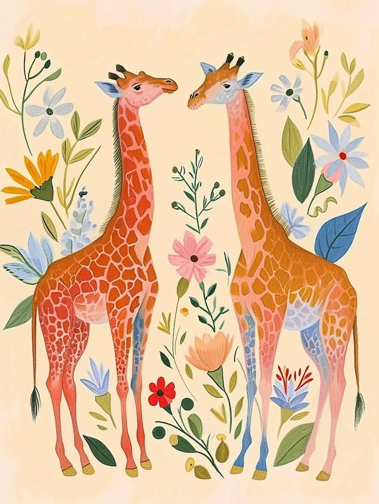 Folksy Floral Animal Drawing Giraffe 3