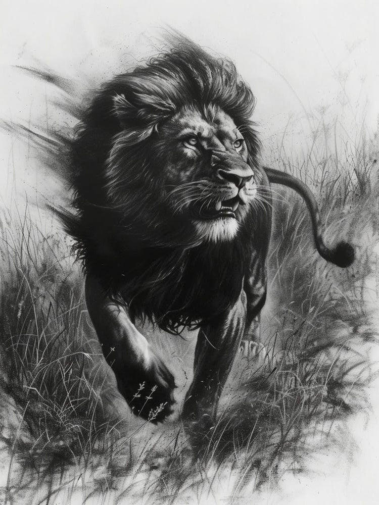 African Lion Charcoal Drawing Hunting 1