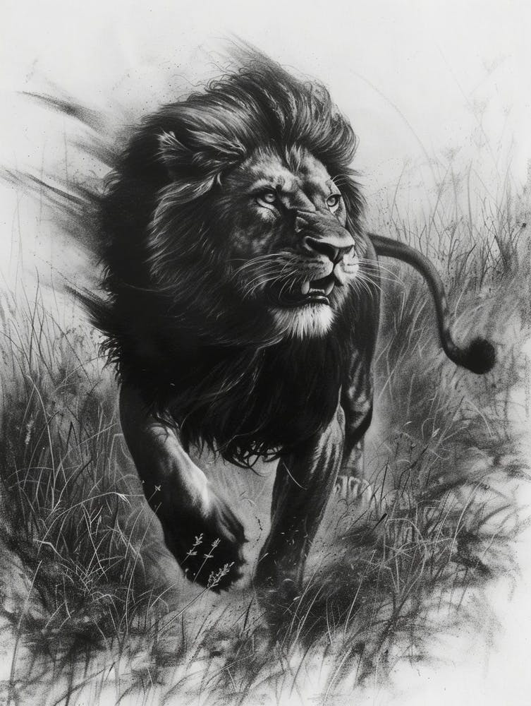 African Lion Charcoal Drawing Hunting 1