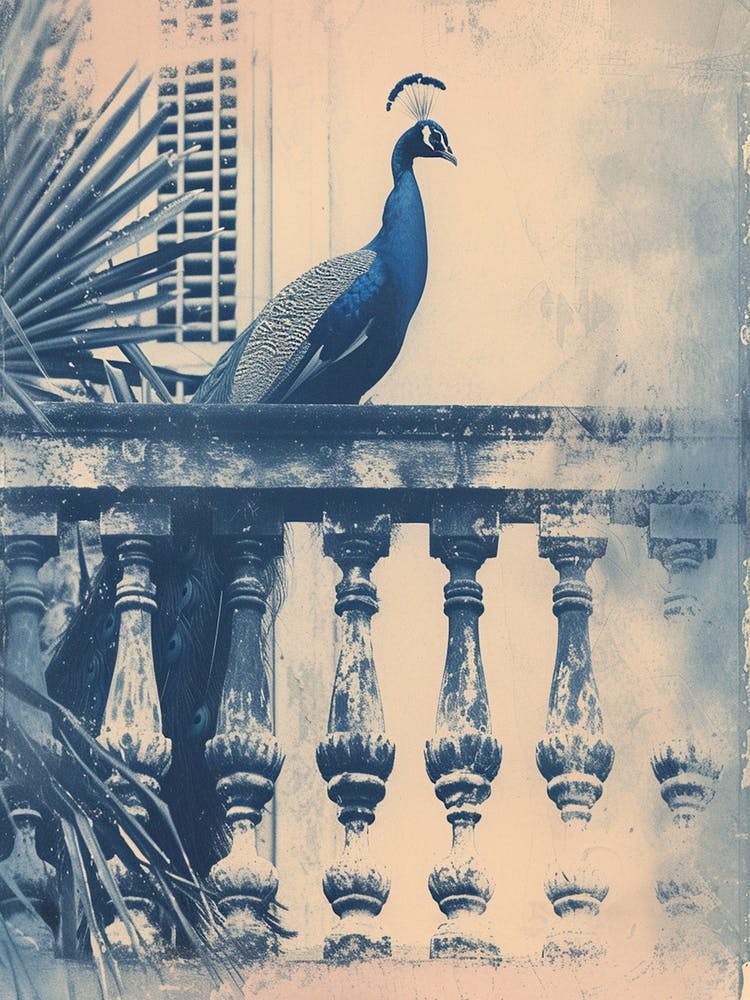 Cyanotype Inspired Peacock Resting On A Handrail 2