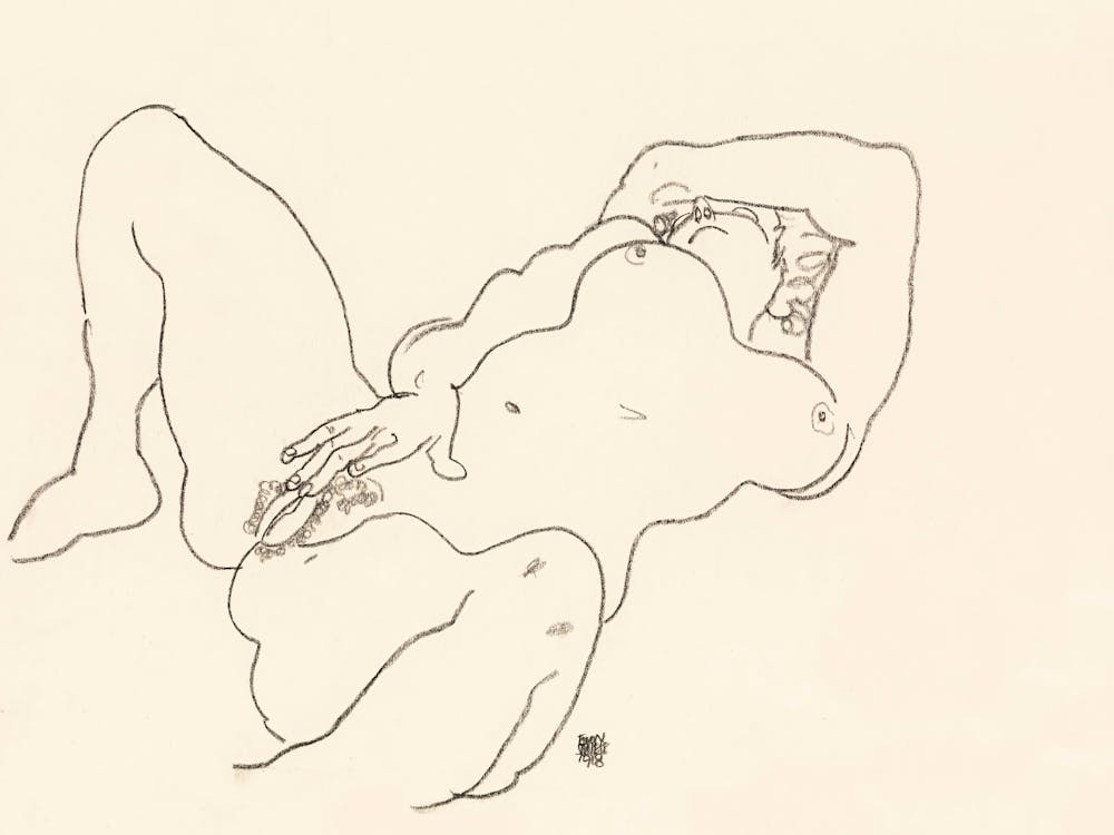 Sich selbst berührende vulgäre Frau; Liegender Akt (1918), Egon Schiele