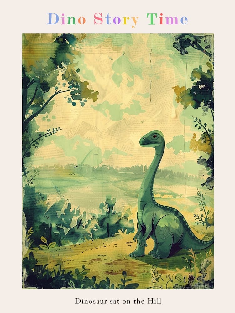 Dinosaur Sat On The Hill Vintage Storybook Painting Poster