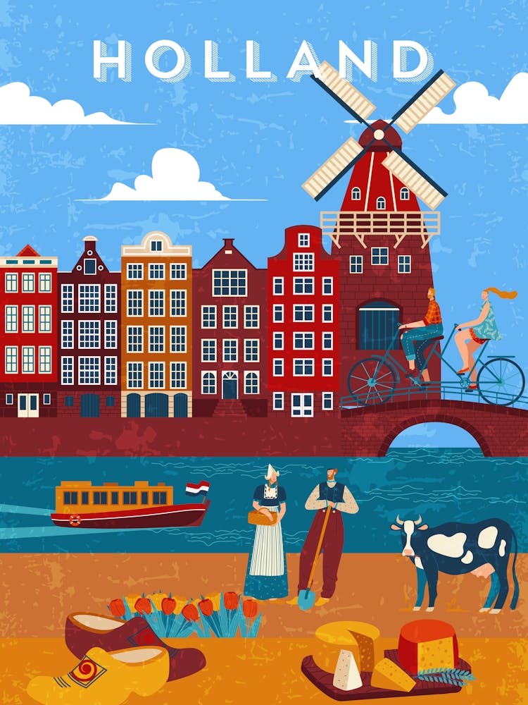 Amsterdam, Netherlands/Holland — Retro travel minimalist poster, retro travel art, retro travel wall art, vector art 1