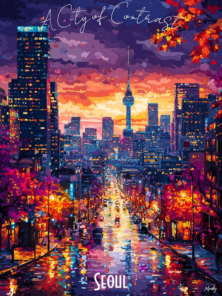 Seoul Skyline, abstract cubism vibrant Poster