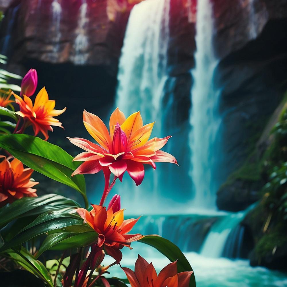 Fleurs Tropicales Et Cascade