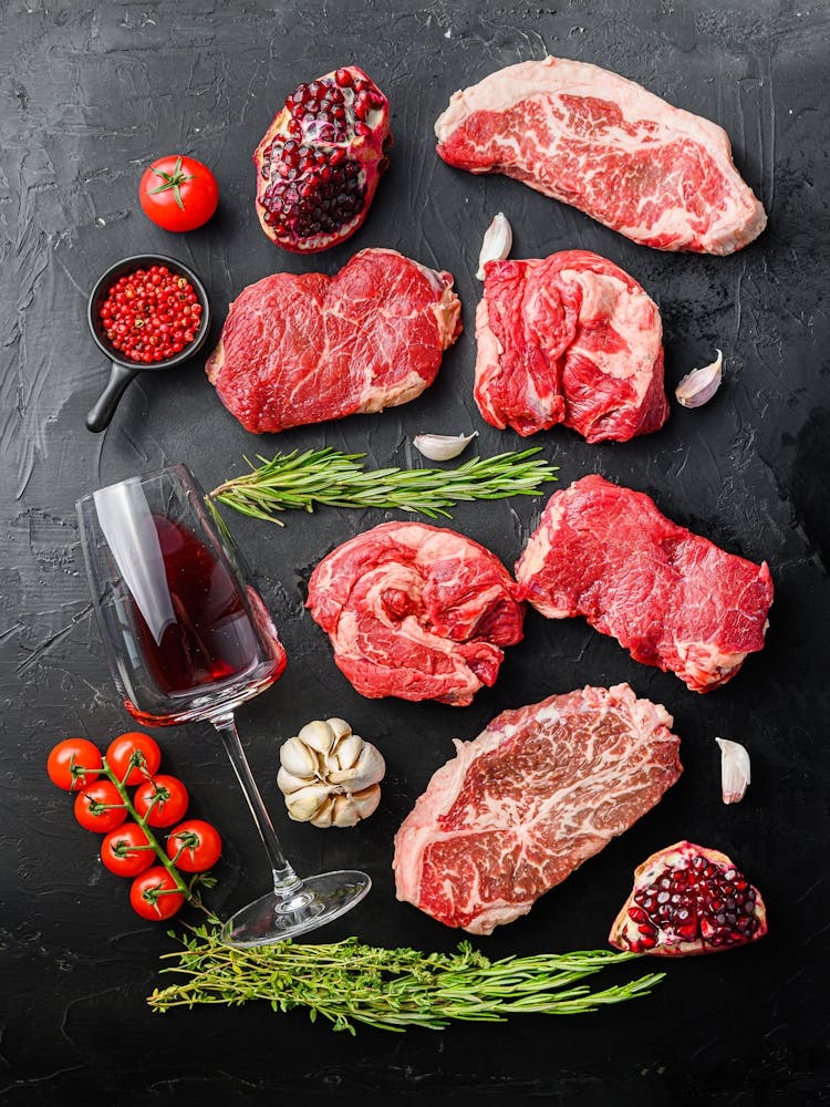 Wine, meat, tomato — Food kitchen poster/blackboard, photo art