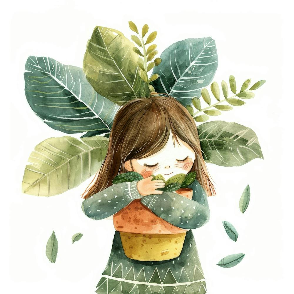 Little Girl Hugging A Plant