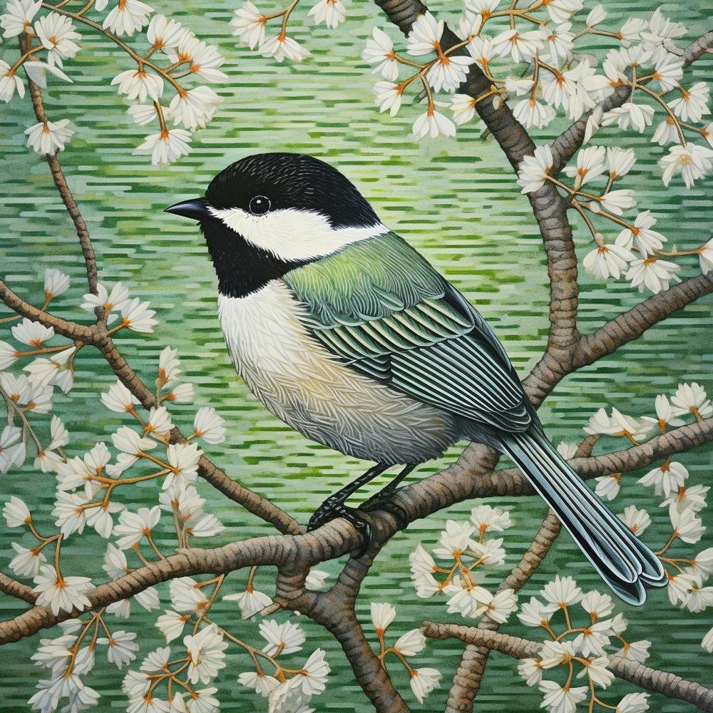 Ohara Koson Inspired Bird Painting Carolina Chickadee 3 Square