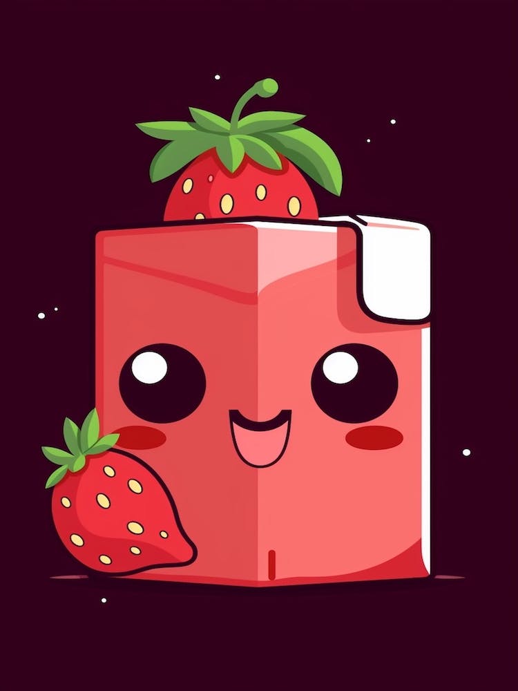 Strawberry Juice Box With A Cat Kawaii Illustration 3
