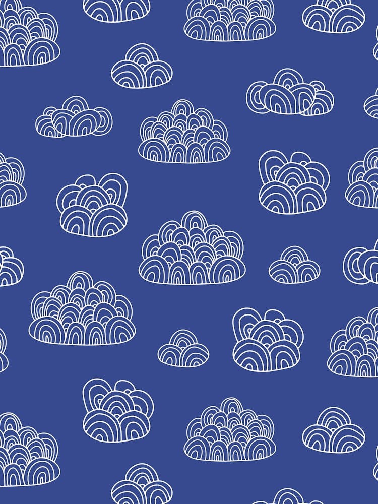 Fluffy Abstract Doodle Line Art Clouds White on Navy Blue