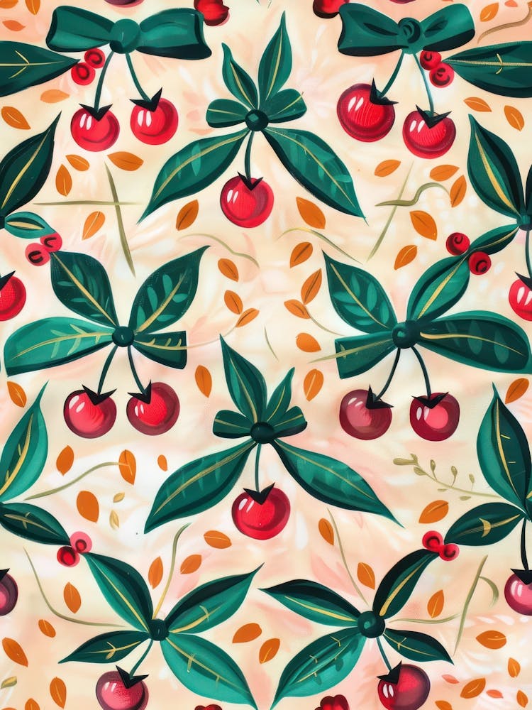 Folk Cherries And Bows 5 Pattern
