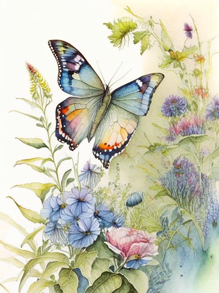 Butterfly In Garden Watercolour Ink 2