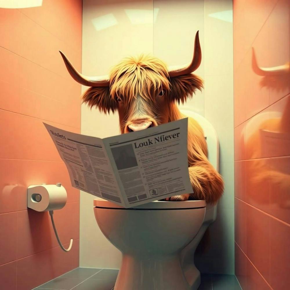 Highland Cow Reading A Newspaper On A Toilet