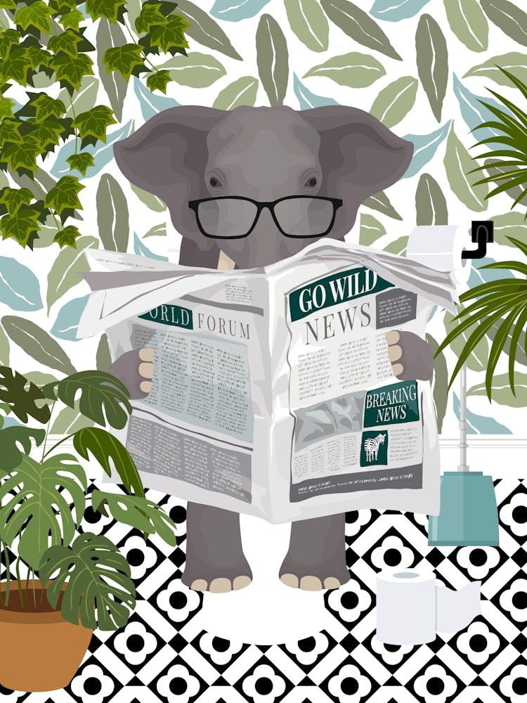 Elephant On Toilet In Blue Botanical Bathroom