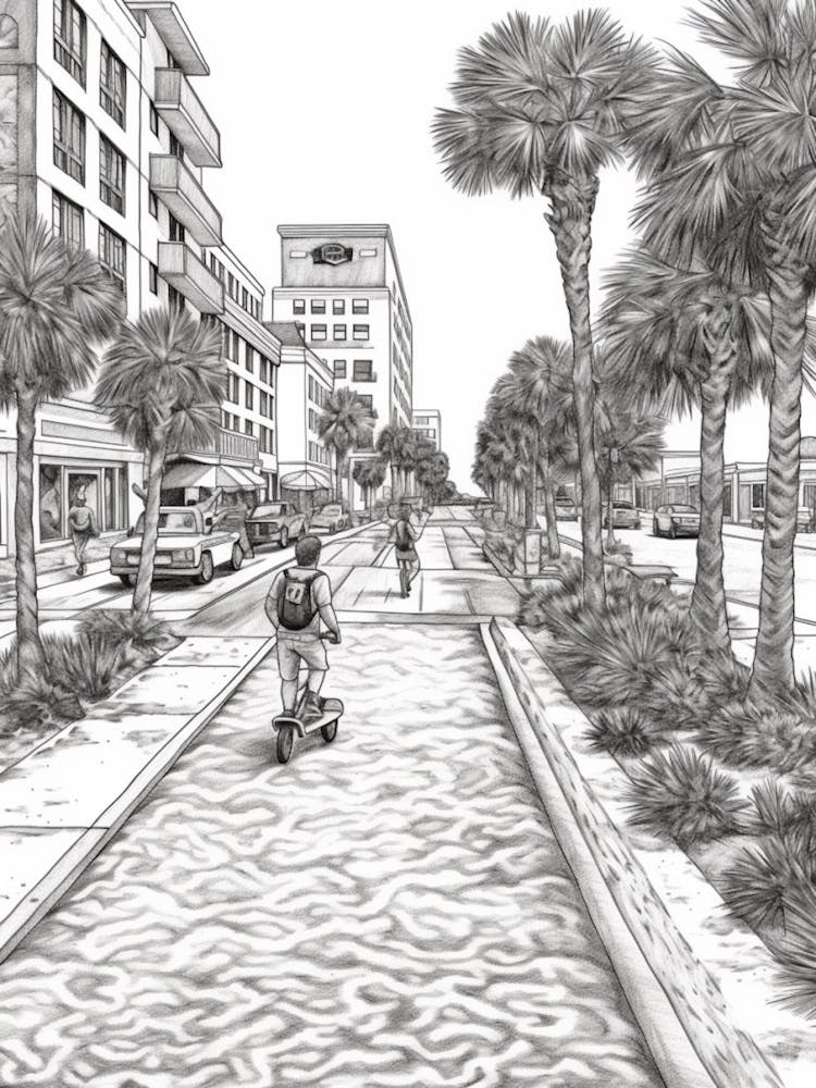Skateboarding In Clearwater Florida, Usa Line Art Black And White 1