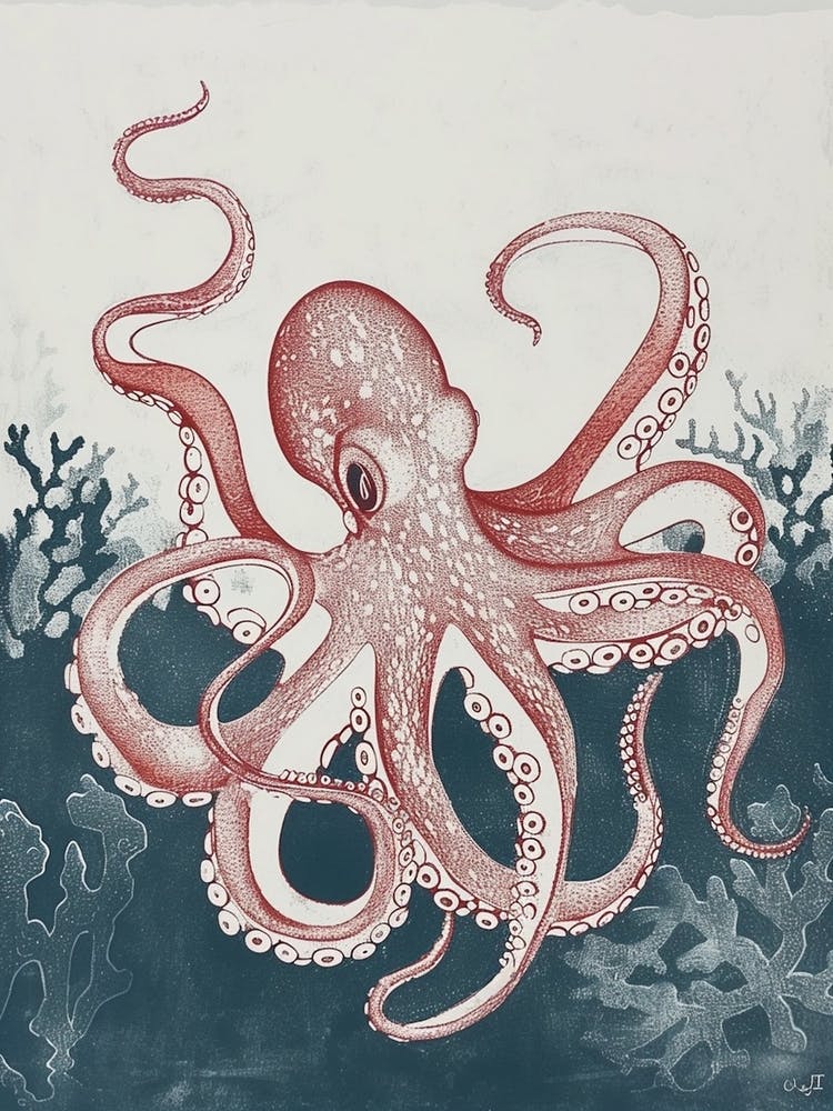 Red Octopus Linocut On The Ocean Floor Linocut Inspired 3