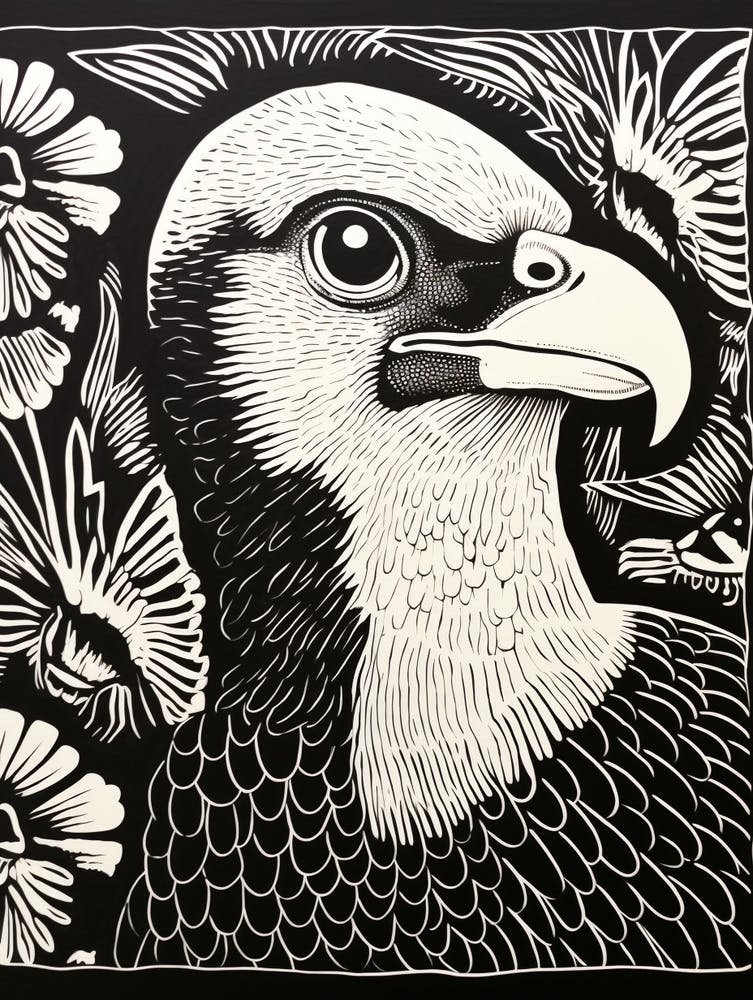 B&W Bird Linocut Crested Caracara 3