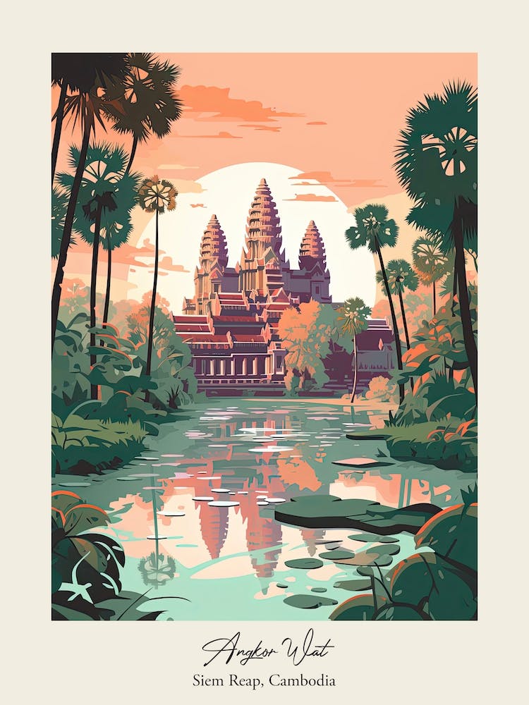 Angkor Wat   Siem Reap, Cambodia   Cute Botanical Illustration Travel 1 Poster