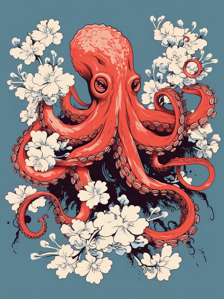 Octopus Animal Drawing In The Style Of Ukiyo E 1