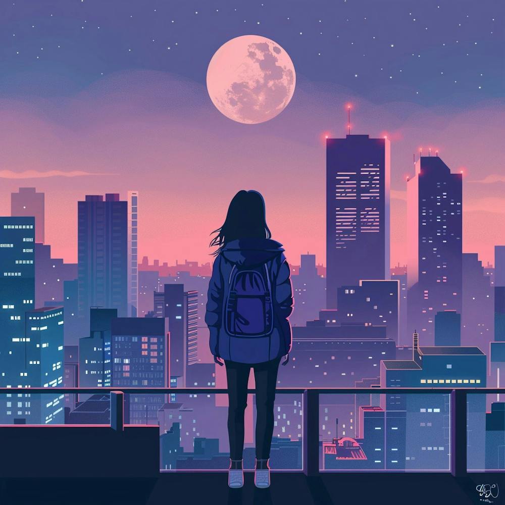 Frau und Mond Japan Illustration Lofi Illustration