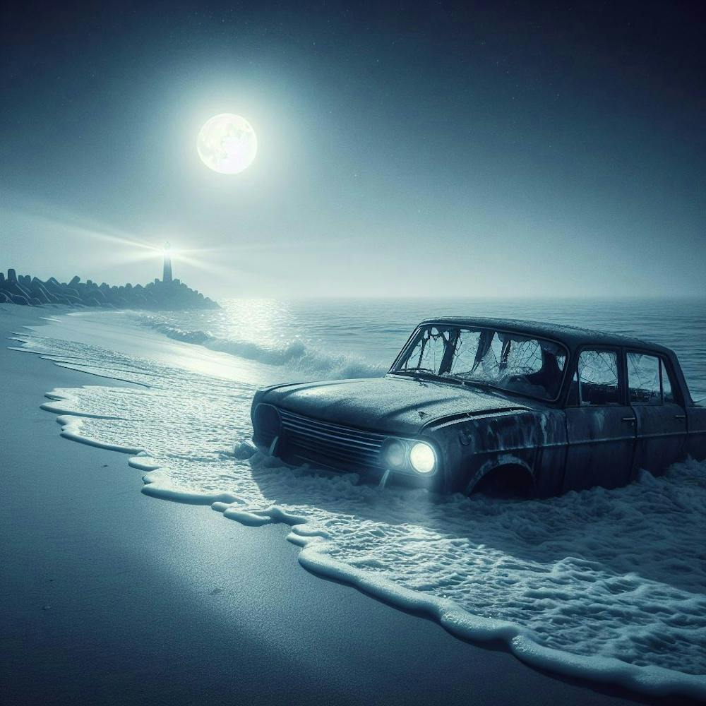 Abandoned Car On The Beach with river