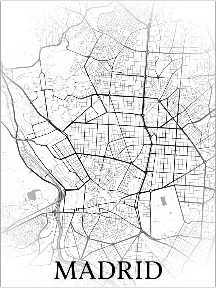 Madrid, Spain, City Map, Black And White Fade Design
